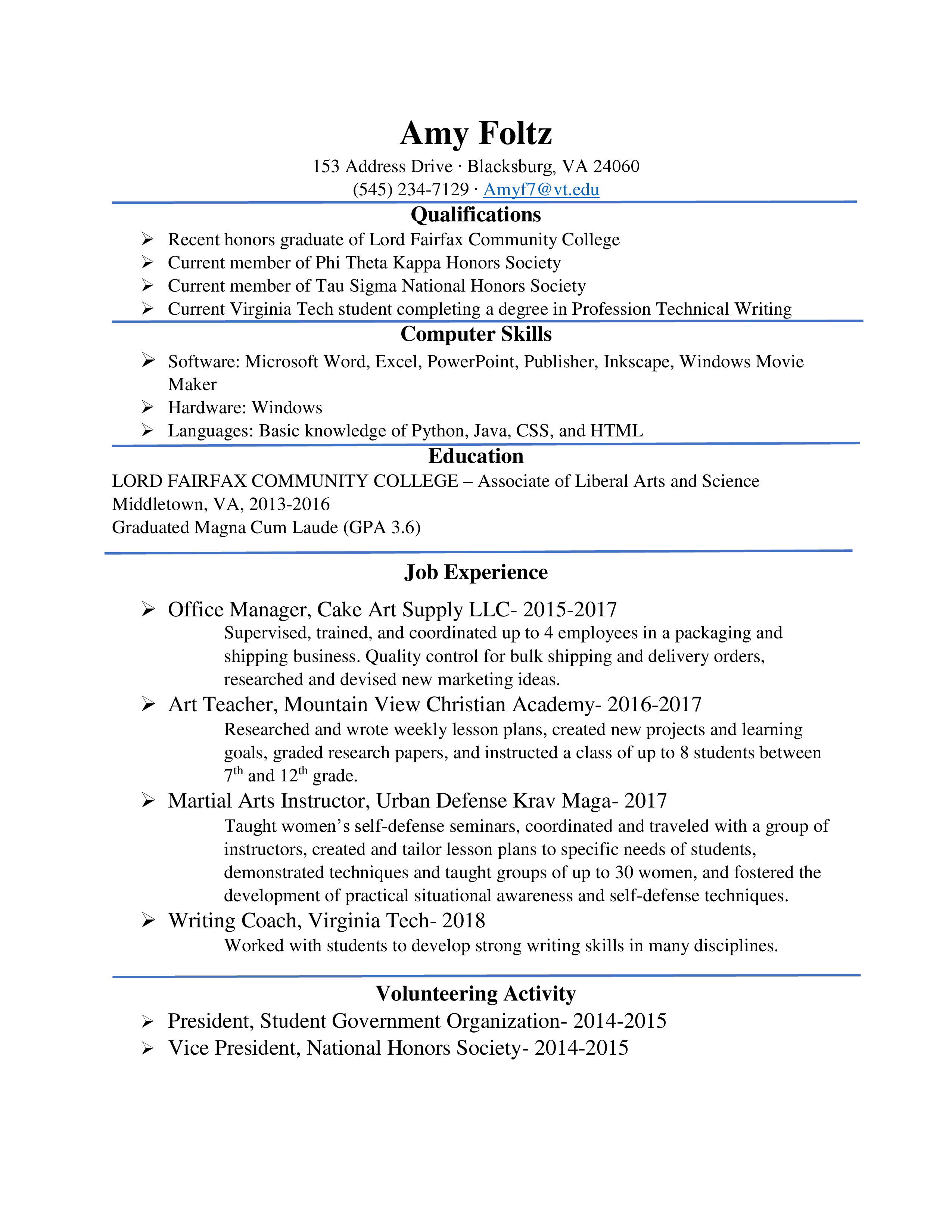 Amy's black and white text resume